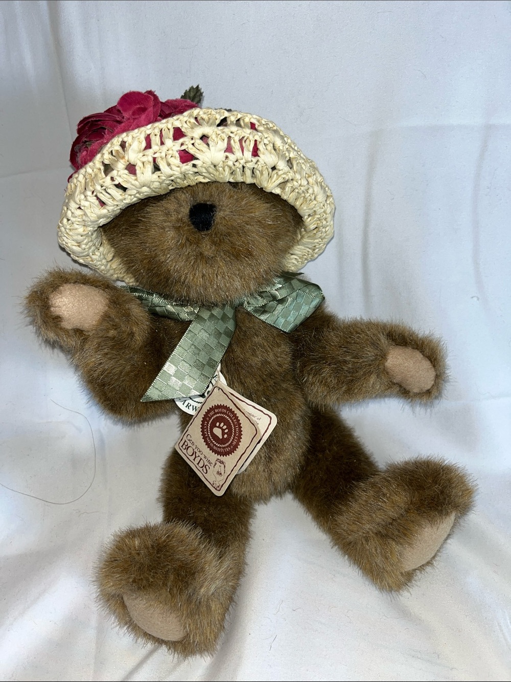 Boyds‎ Bear Plush Adelaide Labearsley Straw Hat and Green Bow 12”